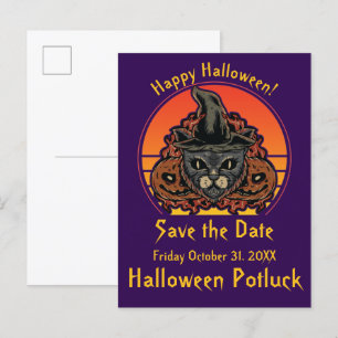 Carte Postale Faire-part Chat d'Halloween en sorcière Casquette Abra Cadabr