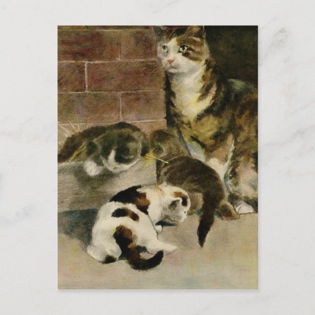 Carte Postale Faire-part Chatte mère vintage et chatons (Devant)
