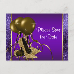 Carte Postale Faire-part Chaussure à talon violet Or Économisez La Date