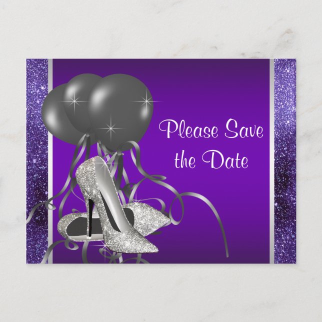 Carte Postale Faire-part Chaussure violet à talon élevé Enregistrer La Date (Devant)