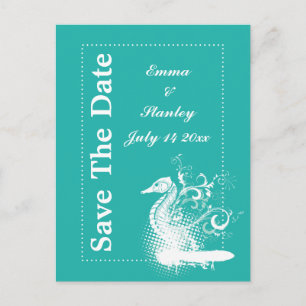 Carte Postale Faire-part Cheval blanc clair mer vert été mariage
