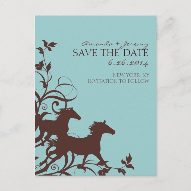Carte Postale Faire-part Chevaux sauvages Brown et Turquoises Enregistrer l (Devant)