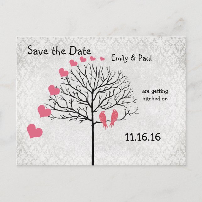 Carte Postale Faire-part Chèvrefeuille argent damassé Oiseaux Save the Date (Devant)