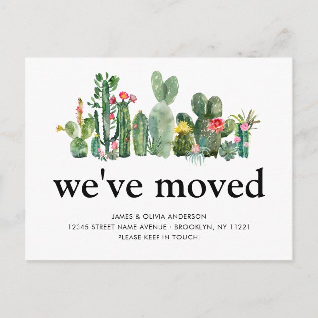Carte Postale Faire-part Chic Aquarelle Cactus Nous avons déménagé Nouvelle (Devant)