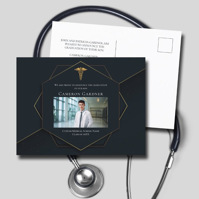 Carte Postale Faire-part Chic Black Gold Médicale School Photo Graduation (Créateur téléchargé)