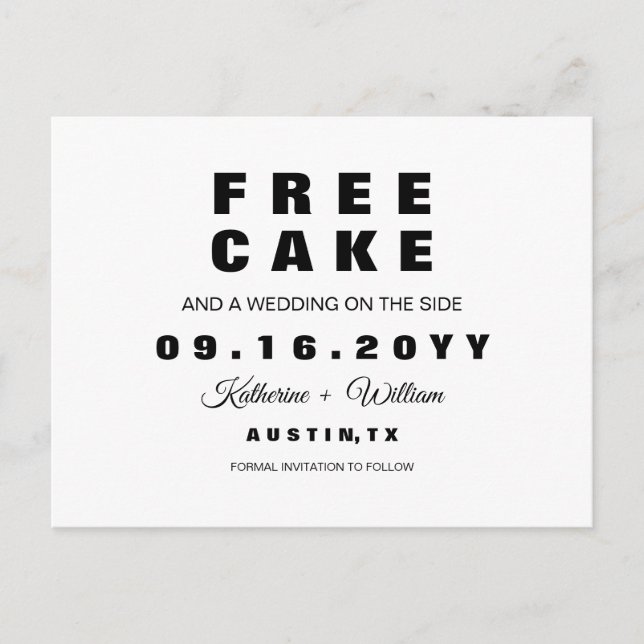 Carte Postale Faire-part Chic Funny Free Cake Wedding Sauvez la date (Devant)
