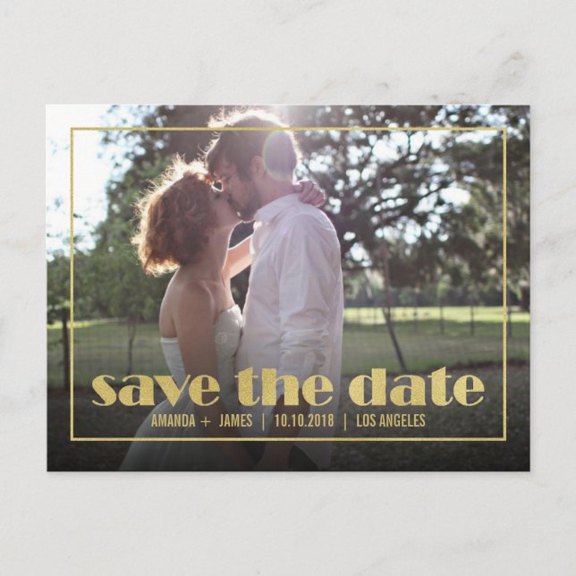 CARTE POSTALE FAIRE-PART CHIC GOLD FRAME PHOTO ENREGISTRER LA DATE ANNONCE (Devant)