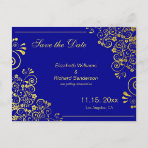 Carte Postale Faire-part Chic Navy Blue Gold Enregistrer le Mariage de date