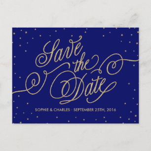 Carte Postale Faire-part Chic Navy Blue & Gold Stars Enregistrer la date Ca