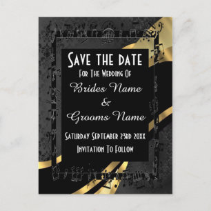 Carte Postale Faire-part Chic or et noir damas enregistrer la date