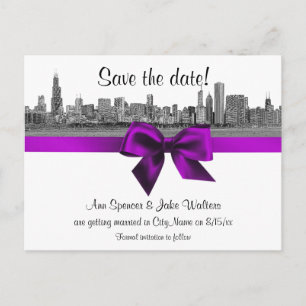 Carte Postale Faire-part Chicago Skyline Etched BW Violet Enregistrer la da
