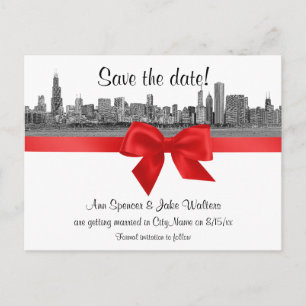Carte Postale Faire-part Chicago Skyline Gravé BW Rouge Enregistrer la Date