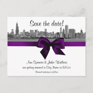 Carte Postale Faire-part Chicago Skyline Gravé BW Violet Enregistrer la Dat