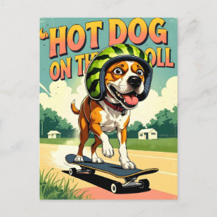 Carte Postale Faire-part Chien de skateboard été drôle rétro plage