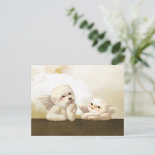 Carte Postale Faire-part Chien et chat angéliques sur un nuage