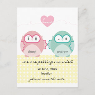 Carte Postale Faire-part CHOUETTE AMOUR :: fille douce + garçon