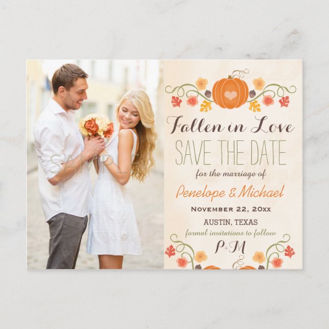 Carte Postale Faire-part Citrouille Monogram Automne Mariage Enregistrer la (Devant)