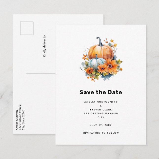 Carte Postale Faire-part Citrouilles d'automne avec Fleurs et Mariage de fe (Devant / Derrière)