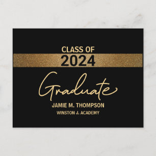 Carte Postale Faire-part Classe de 2024 Black Gold Nom Graduation Adulte