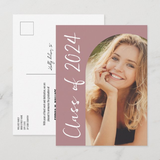 Carte Postale Faire-part Classe de 2024 Blush Pink Custom Grad photo (Devant / Derrière)