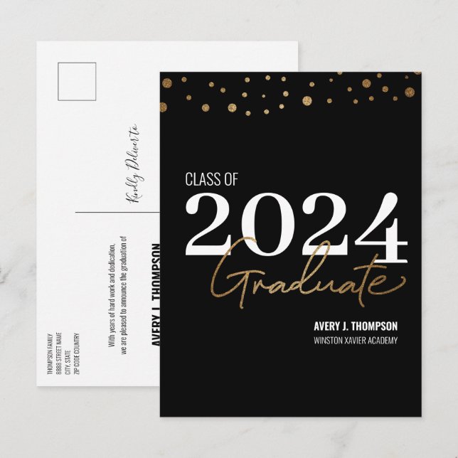 Carte Postale Faire-part Classe de 2024 Graduate Black Gold Graduation (Devant / Derrière)