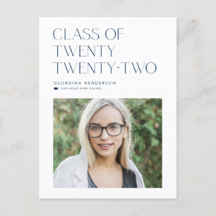 Carte Postale Faire-part Classe minimaliste Bleue de 2022 Photo Graduation
