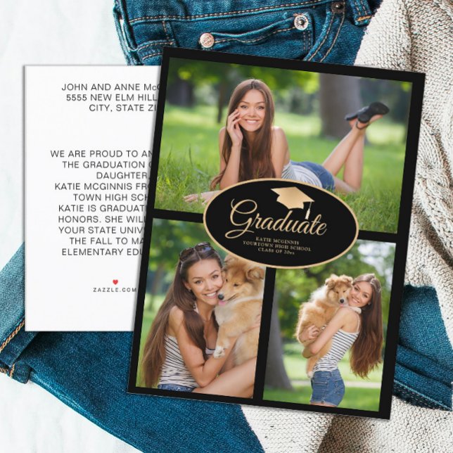 Carte Postale Faire-part Classe photo Black Gold Graduation 2024 (Black and gold graduation cap graduation photo announcement postcard)
