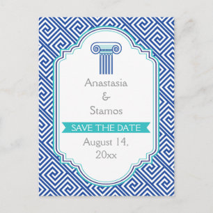 Carte Postale Faire-part Clé grecque et colonne bleue mariage Save the Date