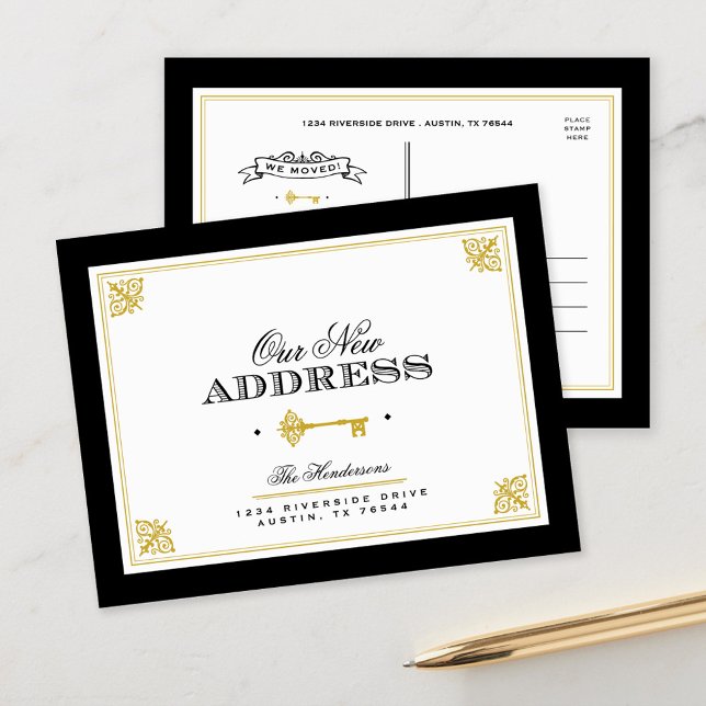 Carte Postale Faire-part Clé Maîtresse | Nouvelle Adresse Noir et Or (Créateur téléchargé)