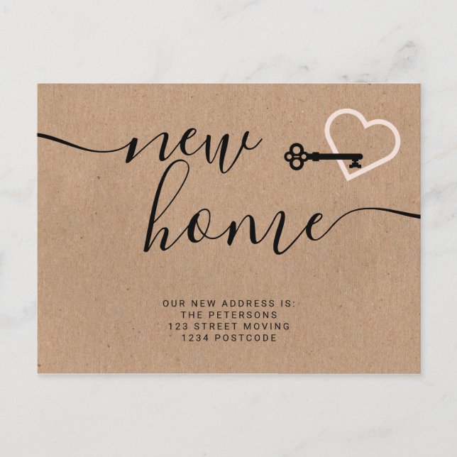 Carte Postale Faire-part Clé rose pastel kraft nouvelle maison cœur mouvant (Devant)