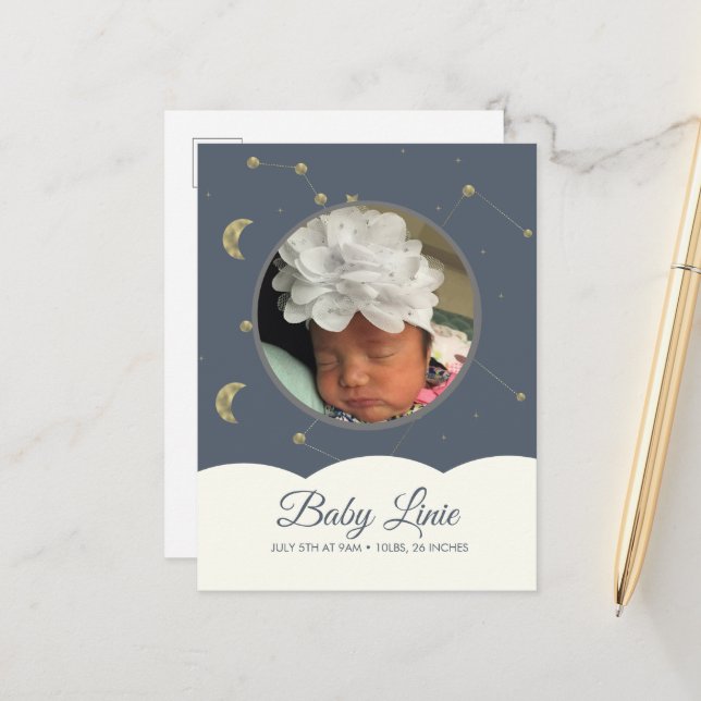 Carte Postale Faire-part Cloud Constellation Faux Gold Baby (Devant/Arrière en situation)