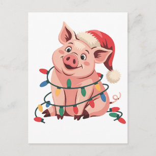 Carte Postale Faire-part Cochon aux lumières de Noël portant un chapeau de