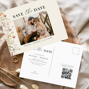 Carte Postale Faire-part Code QR Fleurs Sauvages Mariage Floral