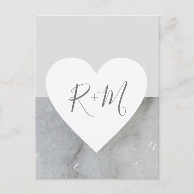 Carte Postale Faire-part coeur d'amour avec initiales mariage marbré gris (Devant)