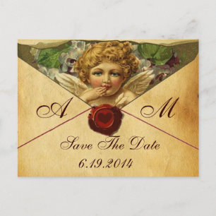 CARTE POSTALE FAIRE-PART CŒUR D'ANGE SCEAU DE CIRE PARCHEMIN DATE DE SAUVEG