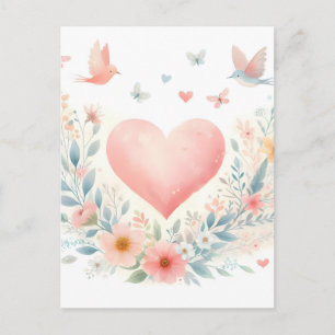 Carte Postale Faire-part Cœur de l'aquarelle douce Fleurs d'amour Oiseaux