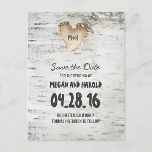 Carte Postale Faire-part Cœur en écorce de bouleau rustique save the date