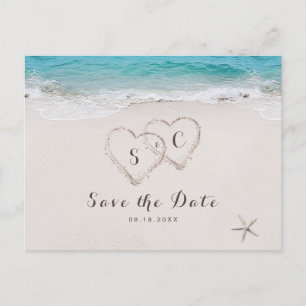 Carte Postale Faire-part Coeurs dans la plage de sable enregistrer la date