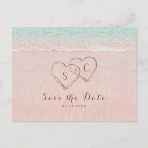 Carte Postale Faire-part Coeurs de plage roses dans le sable économisez la 