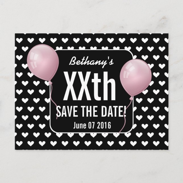 Carte Postale Faire-part Coeurs et ballons roses Chaque année Anniversaire  (Devant)