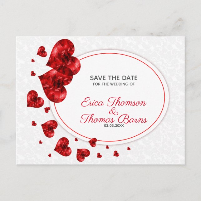 Carte Postale Faire-part Coeurs rouges sur Damas blanches (Devant)