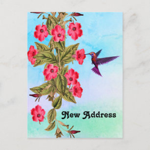 Carte Postale Faire-part Colibri Fleurs Rouges Fond Nuances Bleues