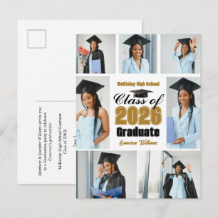 Carte Postale Faire-part Collage de photos de fin d'études Chic Gold Class