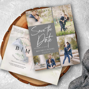 Carte Postale Faire-part Collage Gris Lettré À La Main Enregistrer La Date