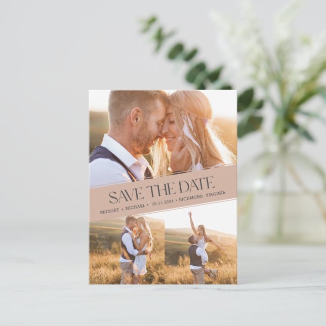 Carte Postale Faire-part Collage photo Boho Mariage rustique Enregistrez la (Debout devant)