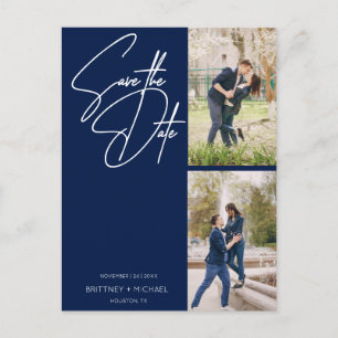 Carte Postale Faire-part Collage photo manuscrit minimal bleu Navy