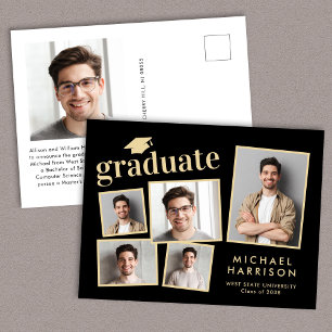 Carte Postale Faire-part Collage photo moderne Black Gold Graduation