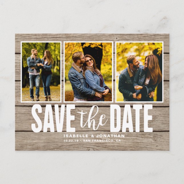 Carte Postale Faire-part Collage photo rustique en bois clair Enregistrer l (Devant)