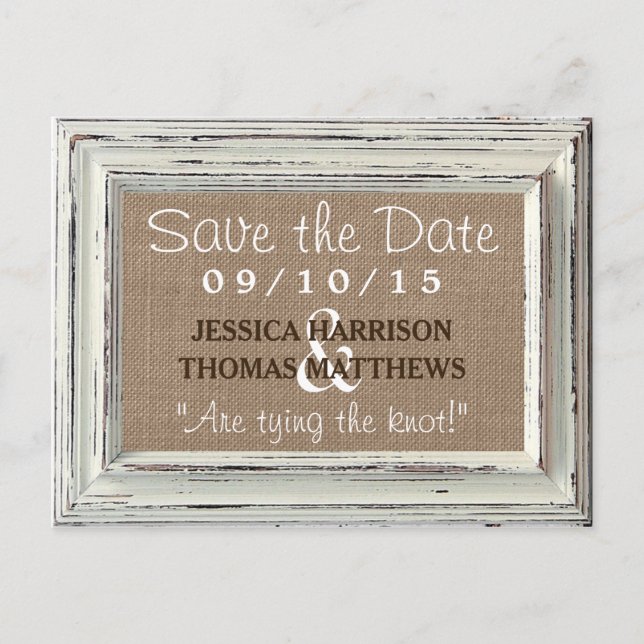 Carte Postale Faire-part Collection de Mariages Rustic White Frame & Burlap (Devant)