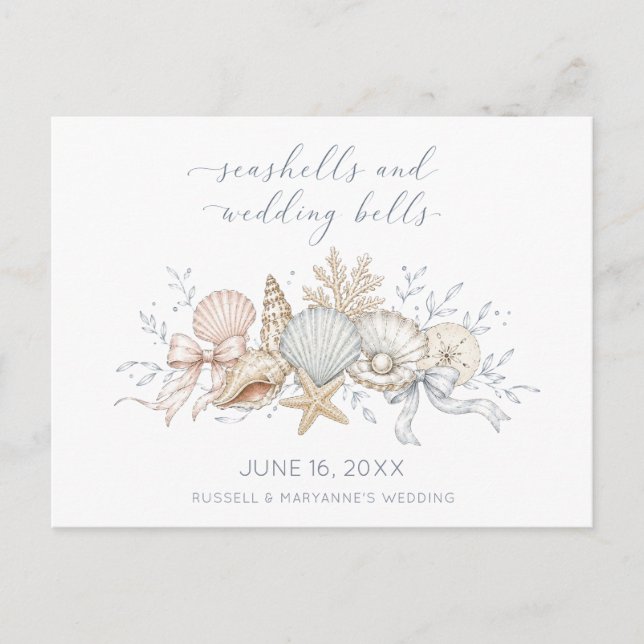 Carte Postale Faire-part Coquillages & Cloches de Mariage Plage Enregistrez (Devant)